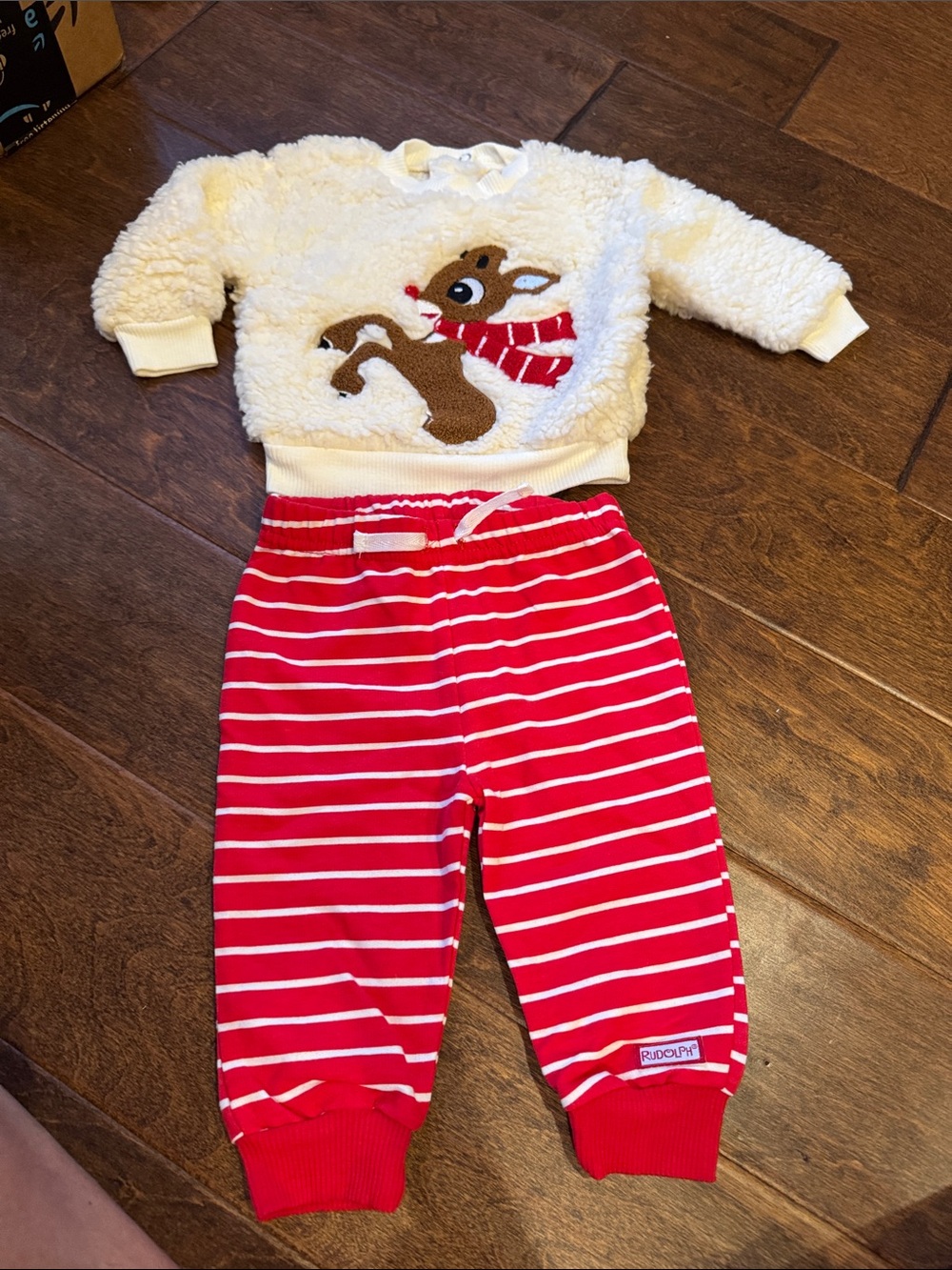 Red & White Striped baby Joggers with Festive Reindeer Top